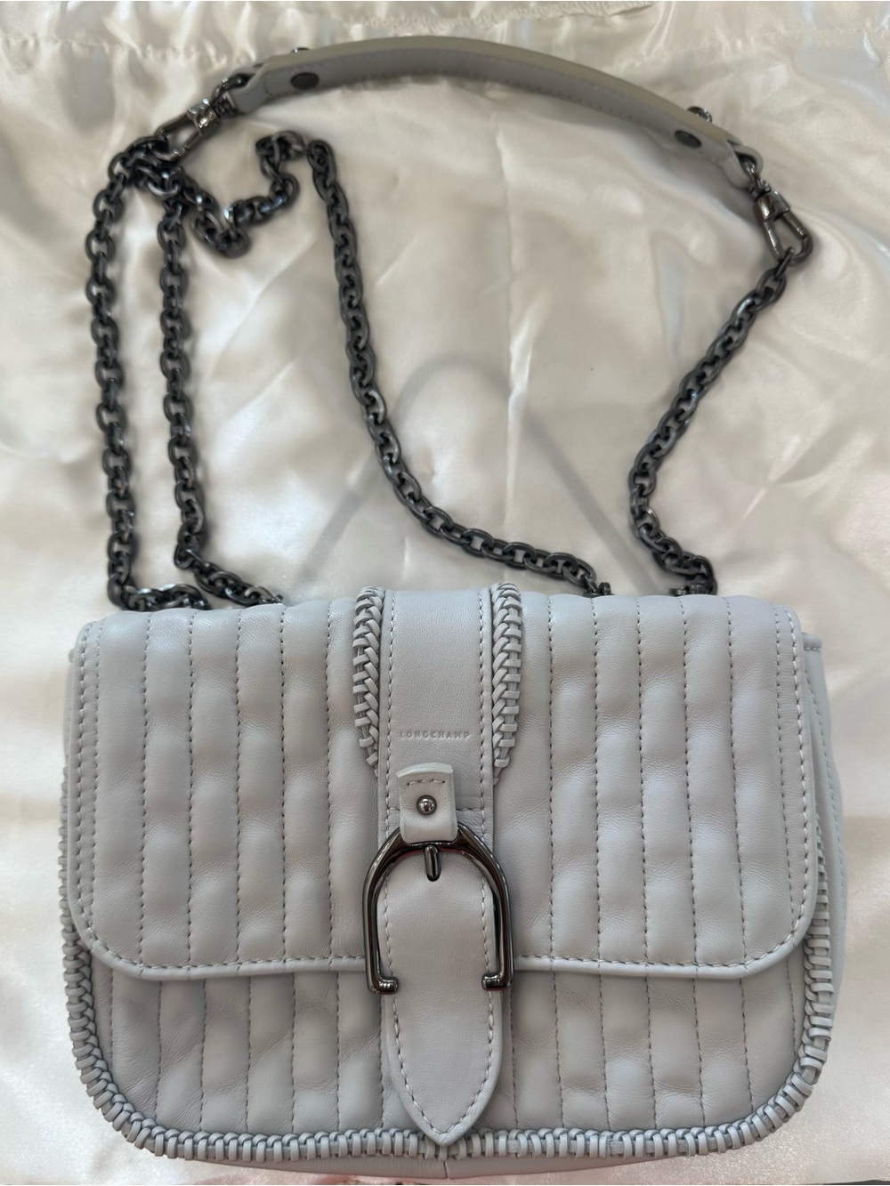 Longchamp Leather Bag in  Gray with Gunmetal Chain